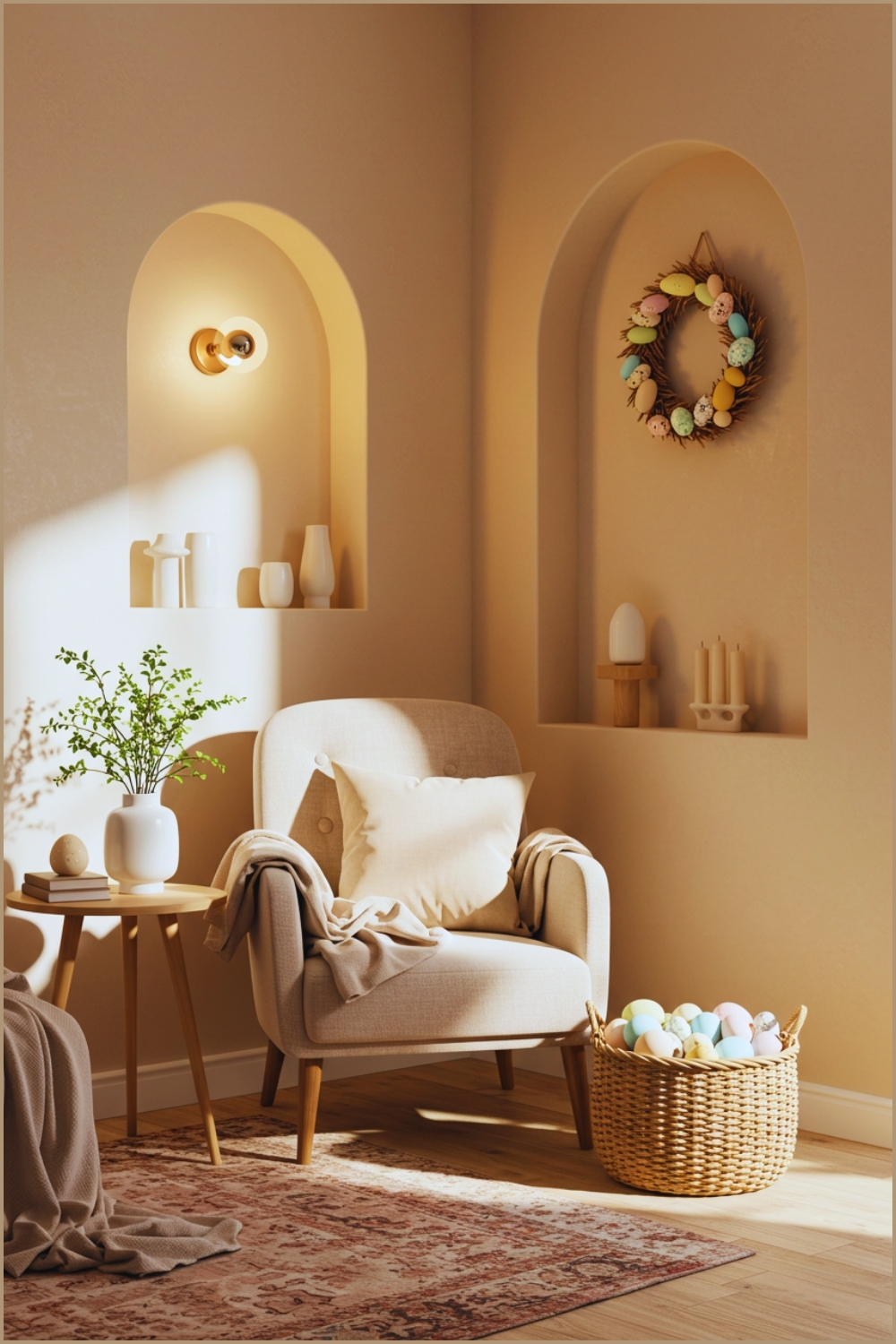 Cozy Easter Living Room Corner With Soft Neutral Tones Arched Alcove