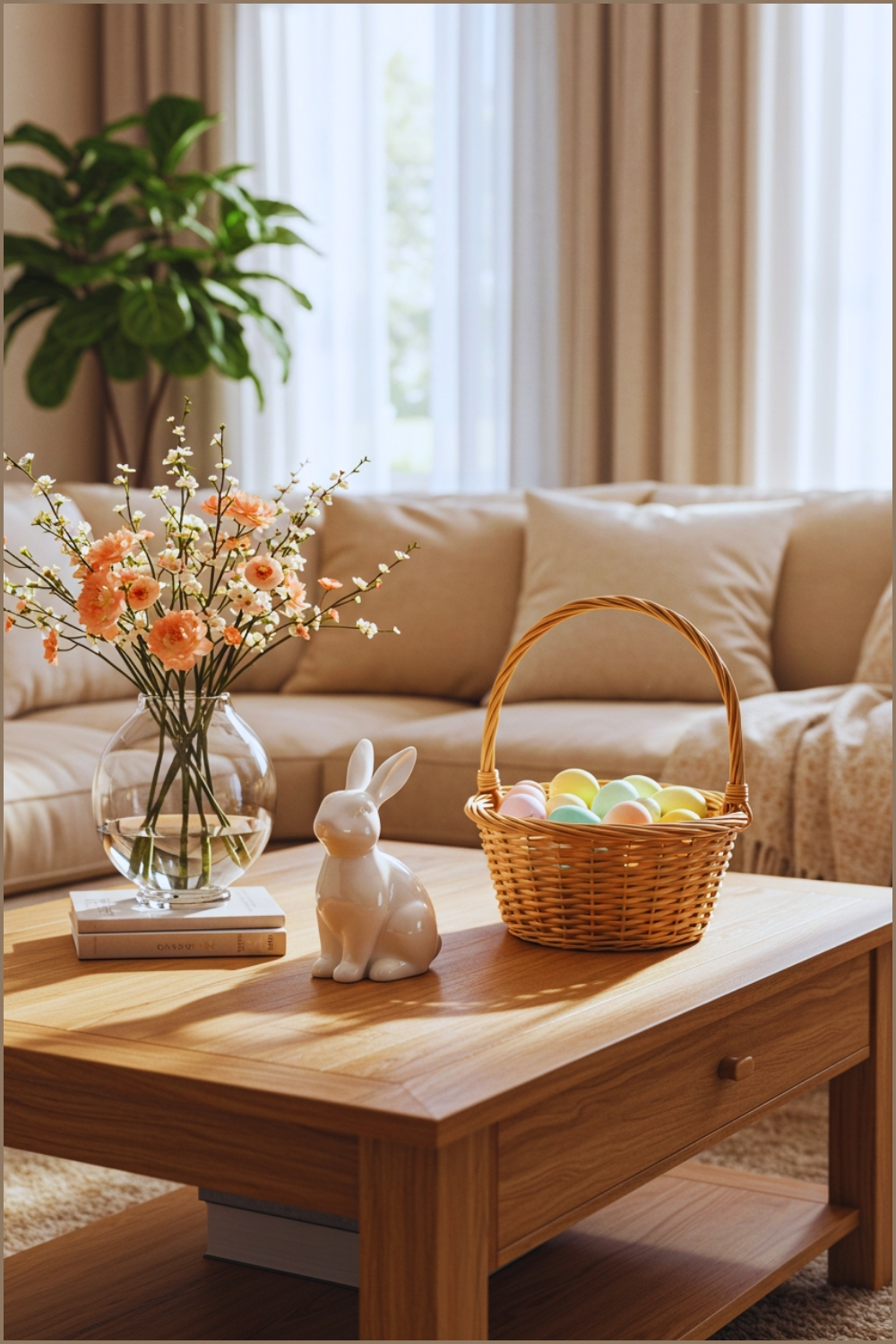 Cozy Easter Living Room With Pastel Spring Decor Wooden Coffee Table