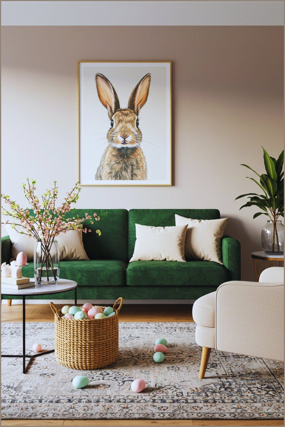 Cozy Easter Living Room With Playful Spring Decor Large Bunny Artwork