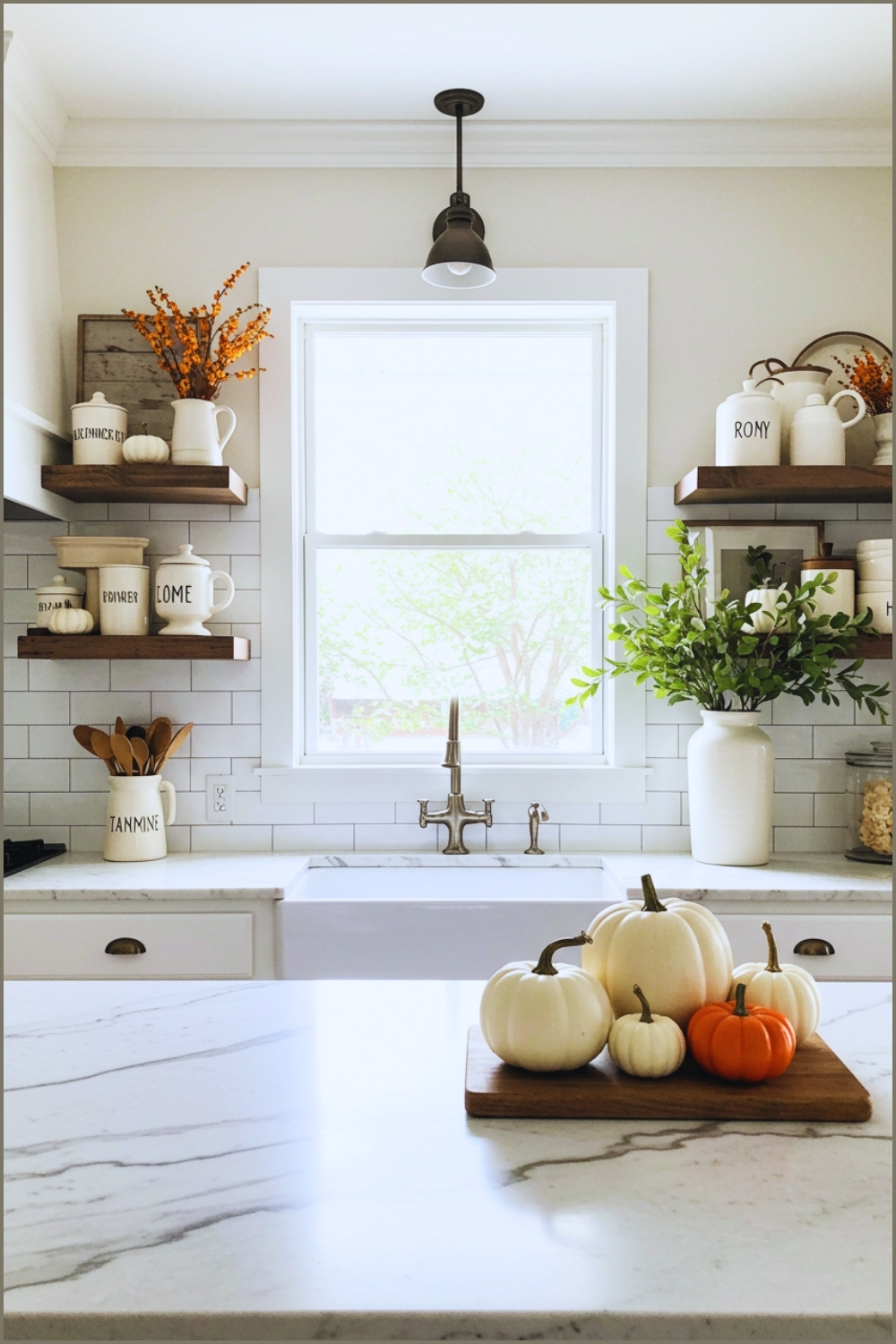 Cozy Farmhouse Kitchen Decorated For Autumn White Subway Tile Backsplash
