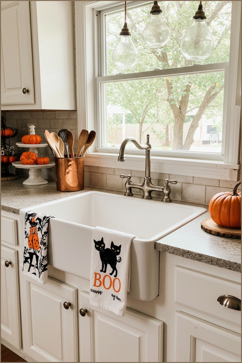 Cozy Farmhouse Kitchen Decorated For Halloween Vintage White Sink