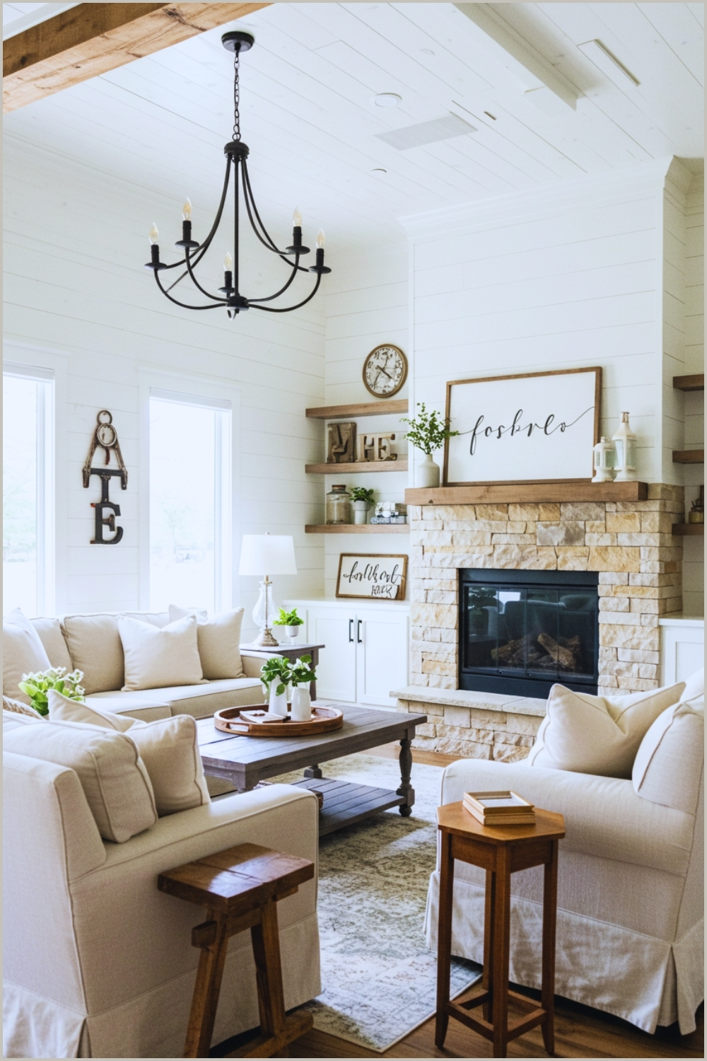 Cozy Farmhouse Living Room, White Shiplap Walls, Rustic Stone Fireplace