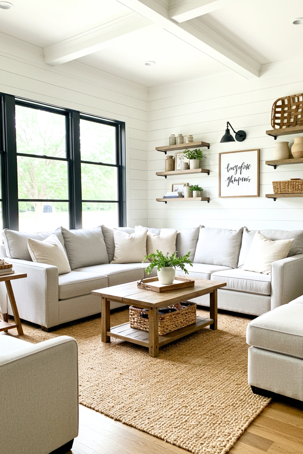 Cozy Farmhouse Living Room With White Shiplap And Black Windows 