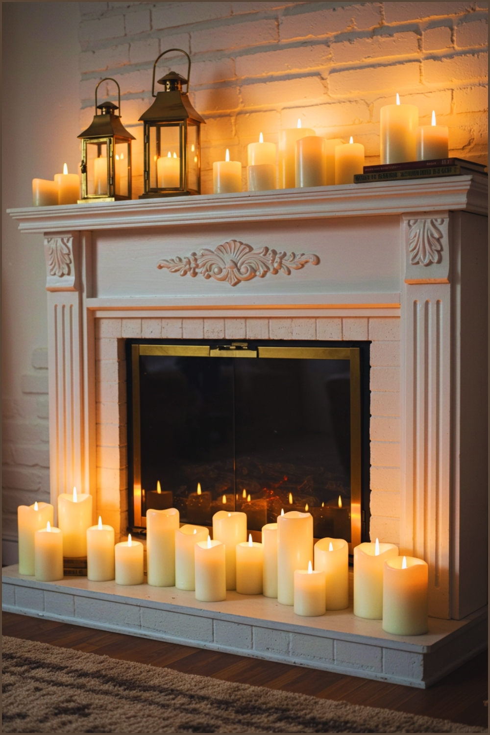 Cozy Fireplace Mantel Decorated With Glowing Pillar Candles
