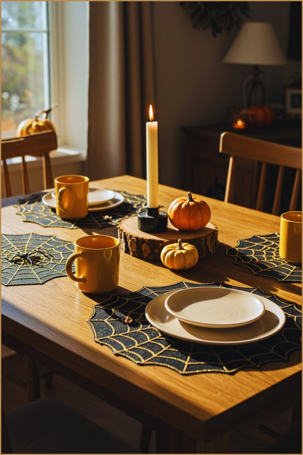 Cozy Halloween Dining Table Decorated With Black And Gold Spiderweb