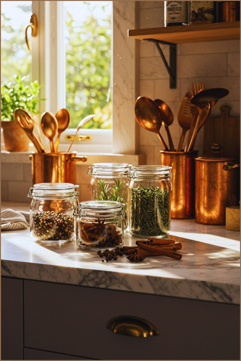 Cozy Kitchen Countertop With Glass Jars Filled With Spices Including