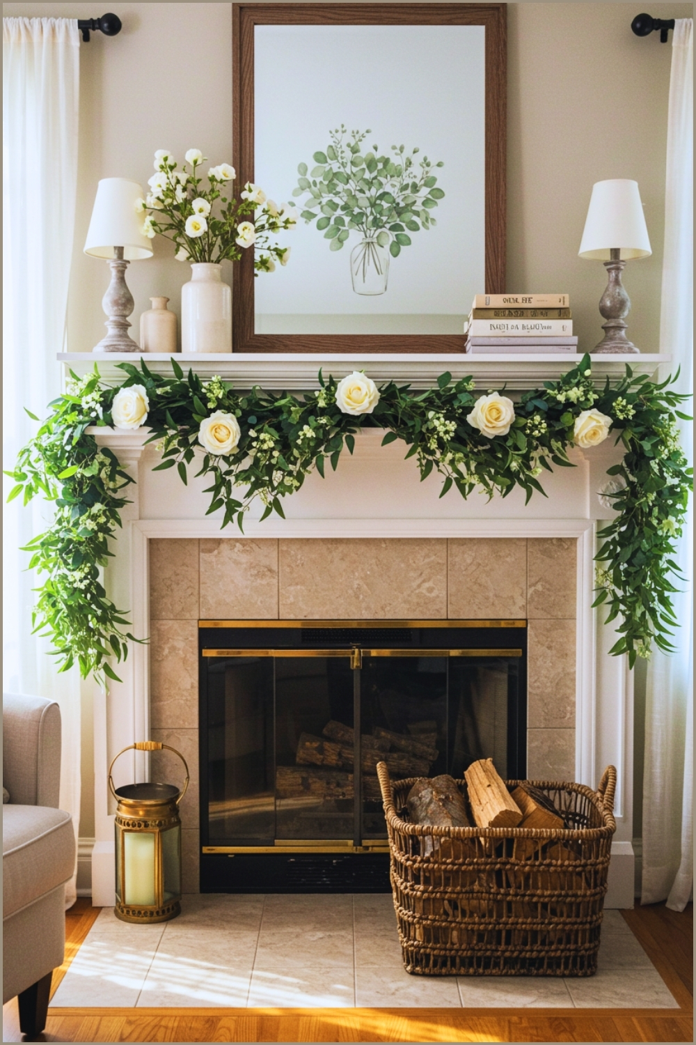 Cozy Living Room Mantel Decorated With Cascading Eucalyptus Garland