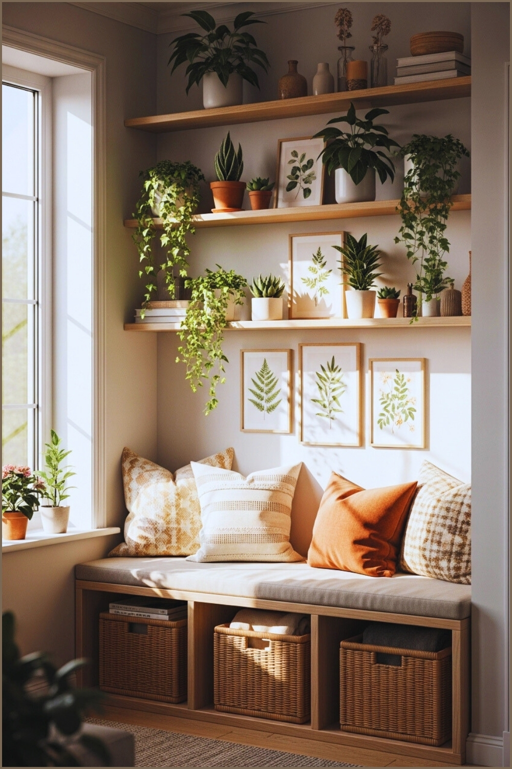 Cozy Living Room Nook Wall Shelves With Potted Plants Botanical Art Prints Natural Wood