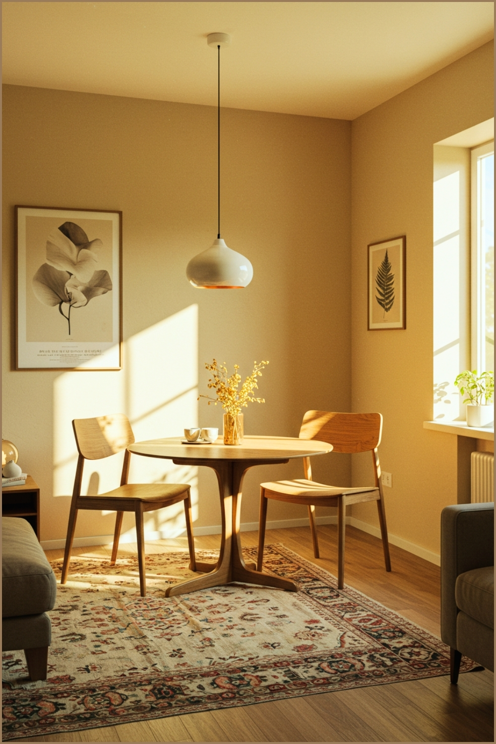 Cozy Living Room With Small Round Dining Table, Two Wooden Chairs