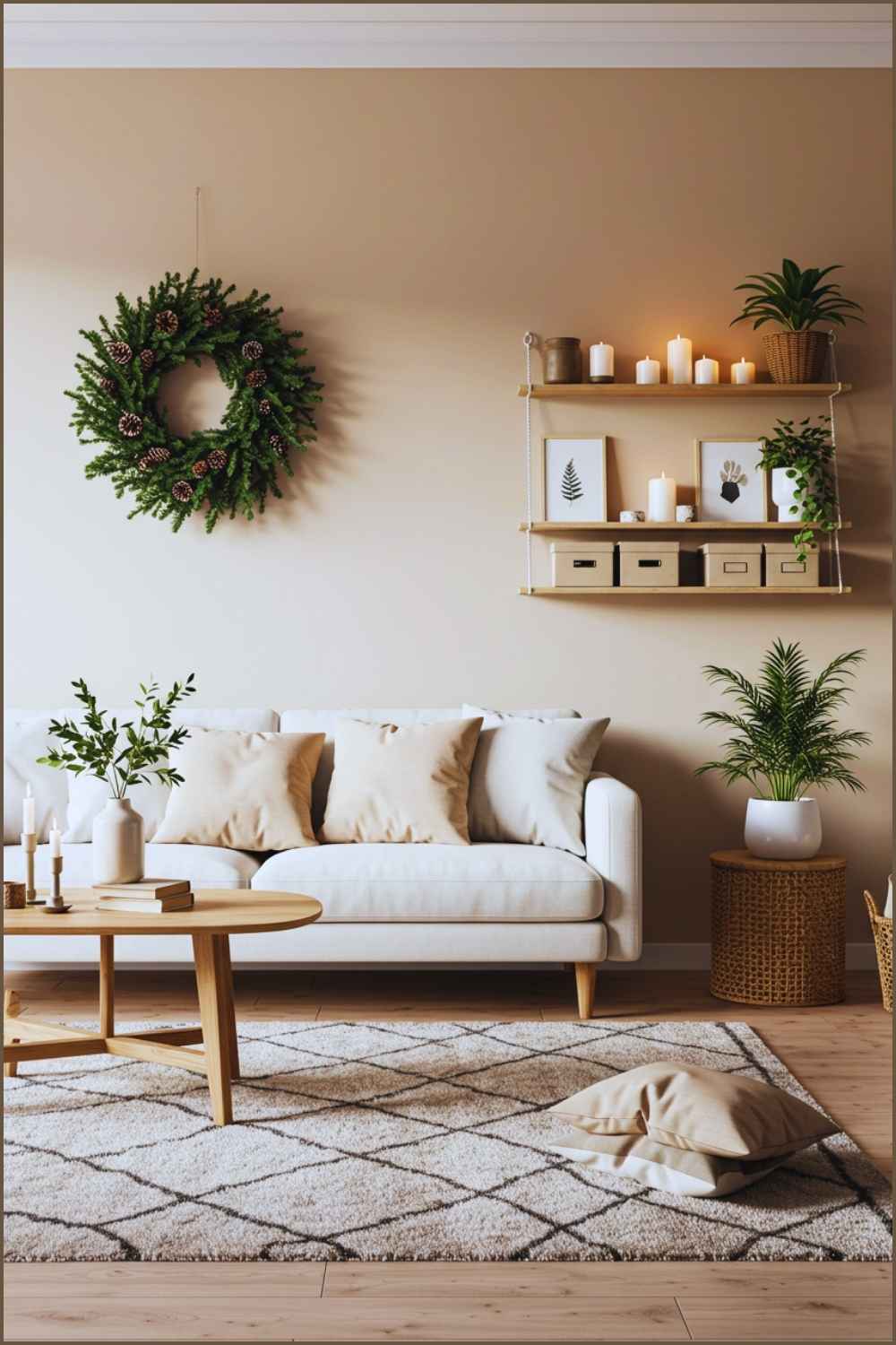 Cozy Minimalist Christmas Living Room With Beige Walls And White Sofa