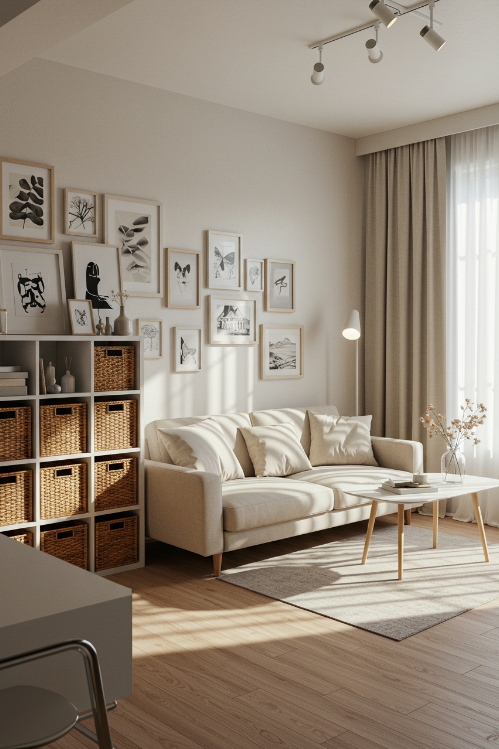 Cozy Minimalist Living Room With Shelving And Storage Baskets 