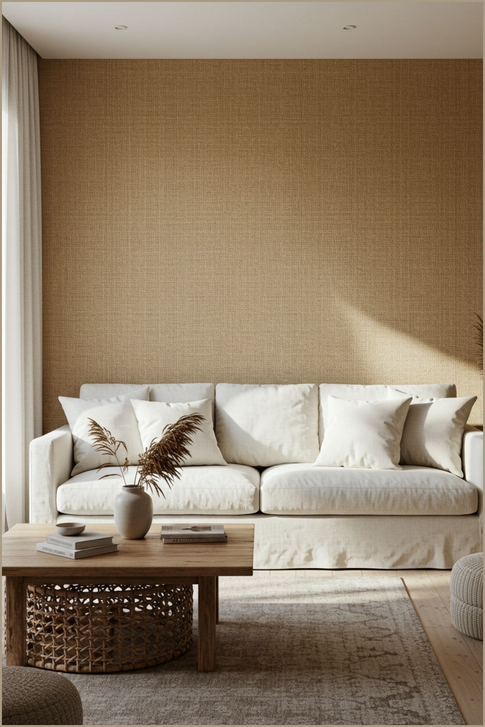 Cozy Minimalist Living Room With Natural Woven Grasscloth Wall Covering