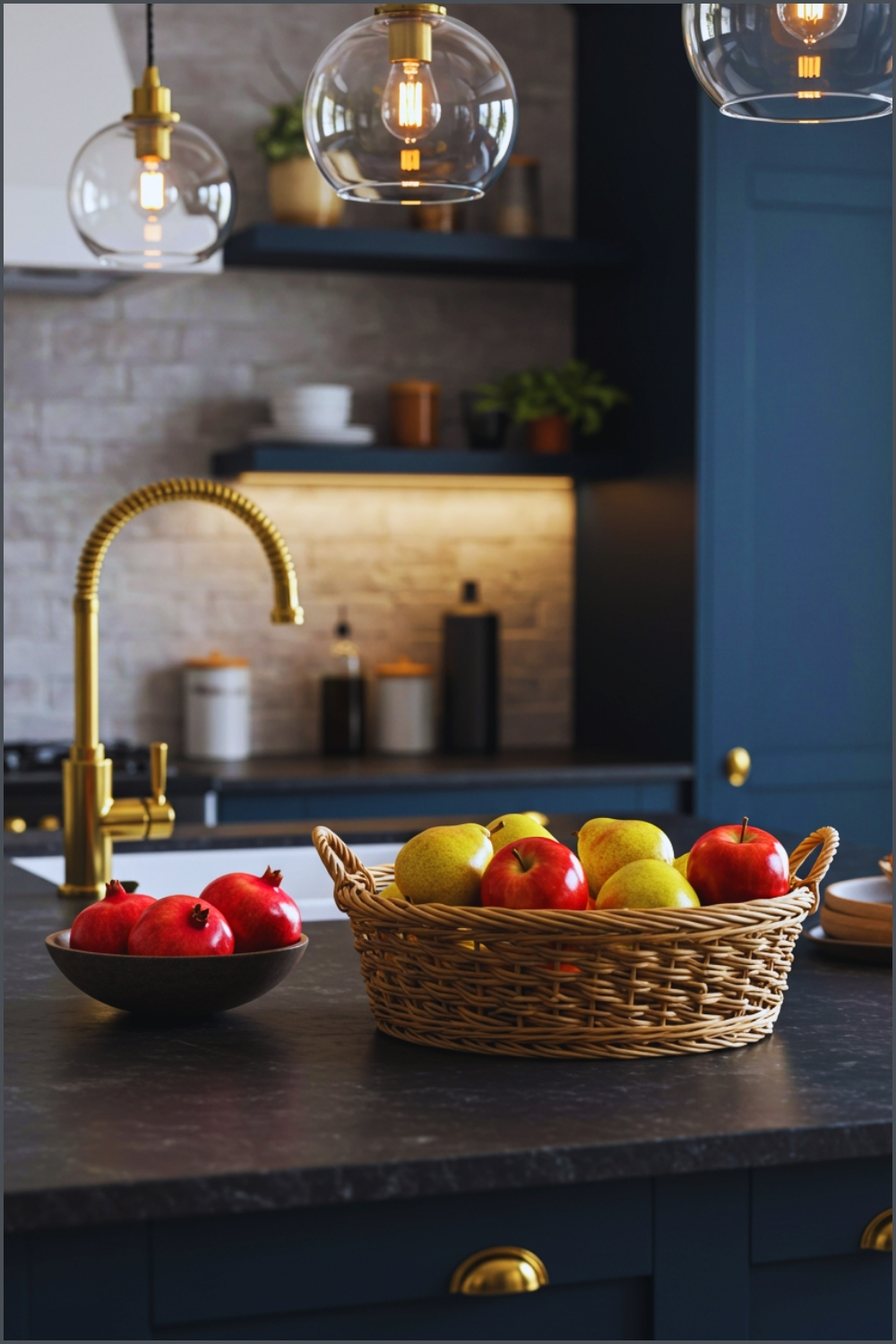 Cozy Modern Kitchen Interior With A Woven Basket Filled With Fresh Apples
