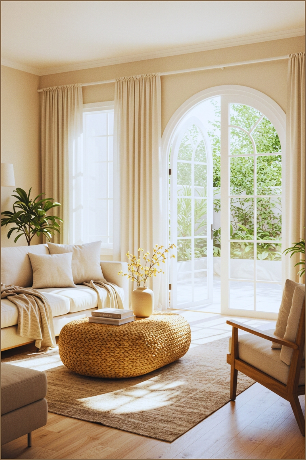 Cozy Modern Living Room Filled With Natural Light Large Arched French Doors
