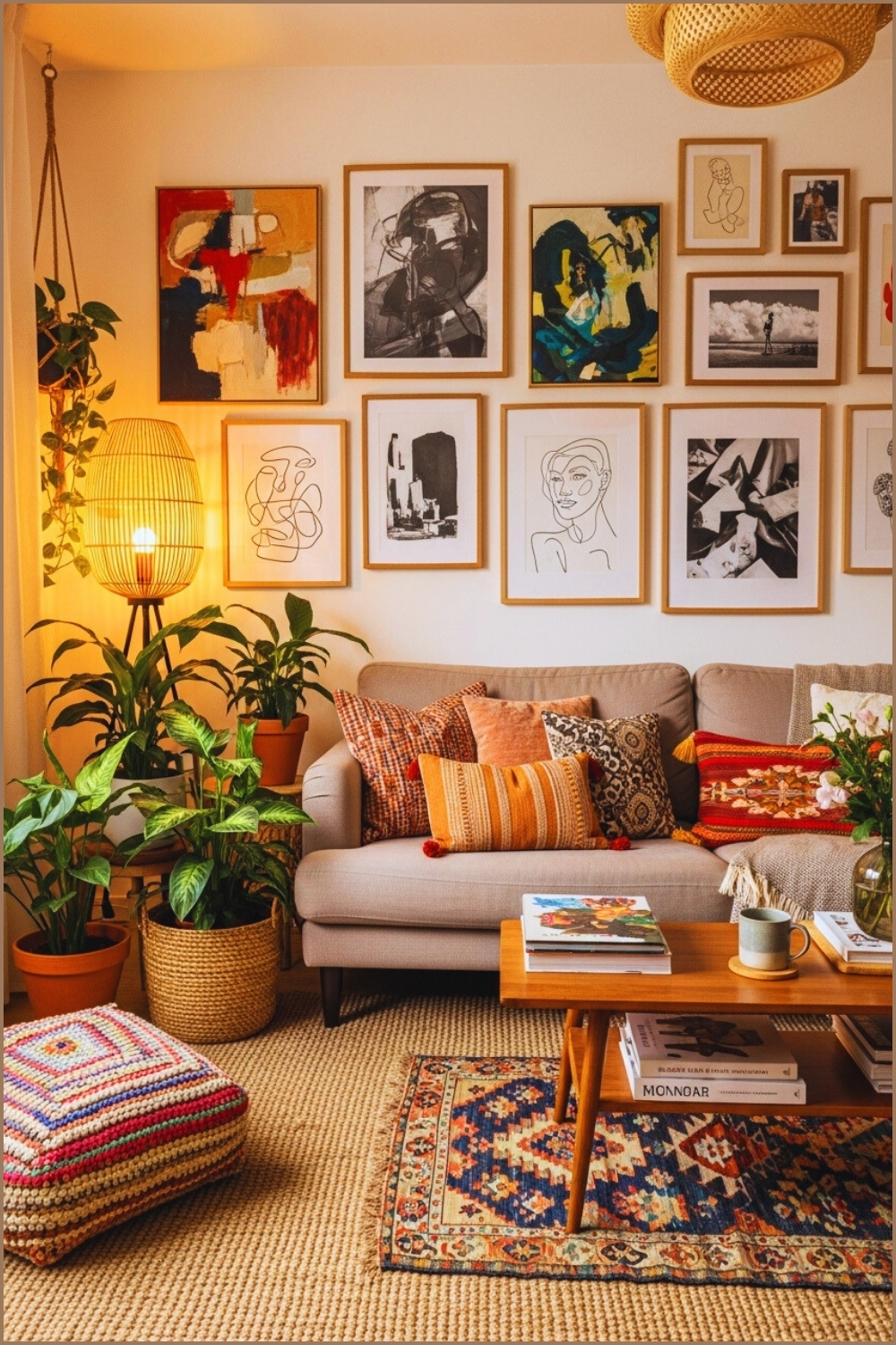Cozy Modern Living Room Neutral Sofa Colorful Throw Pillows Gallery Wall