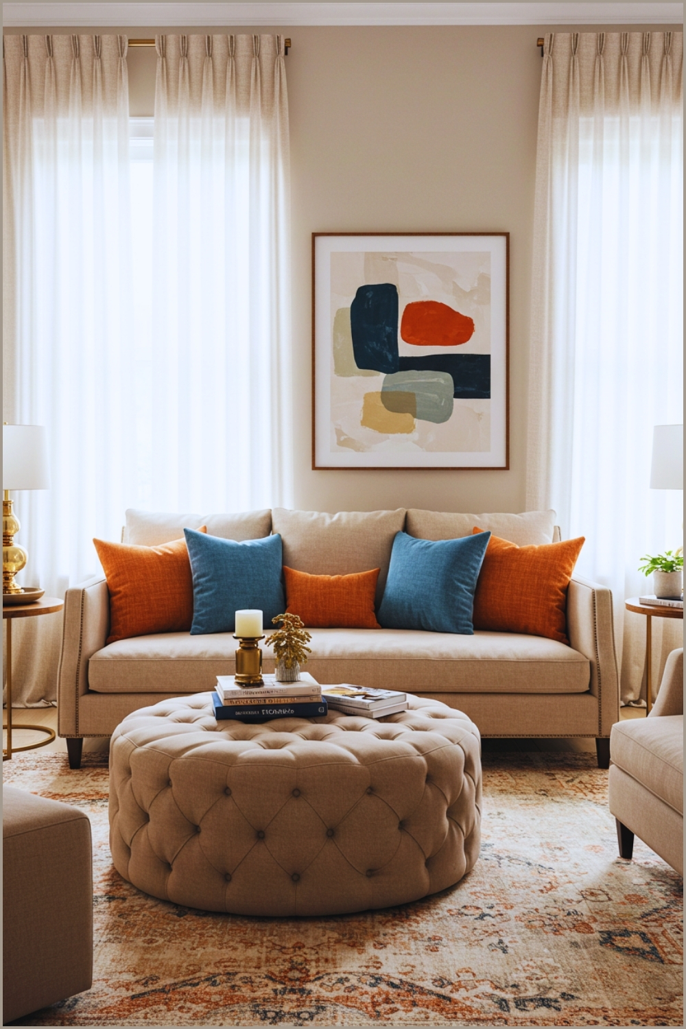 Cozy Modern Living Room With Beige Sofa Mix Of Colorful Patterned