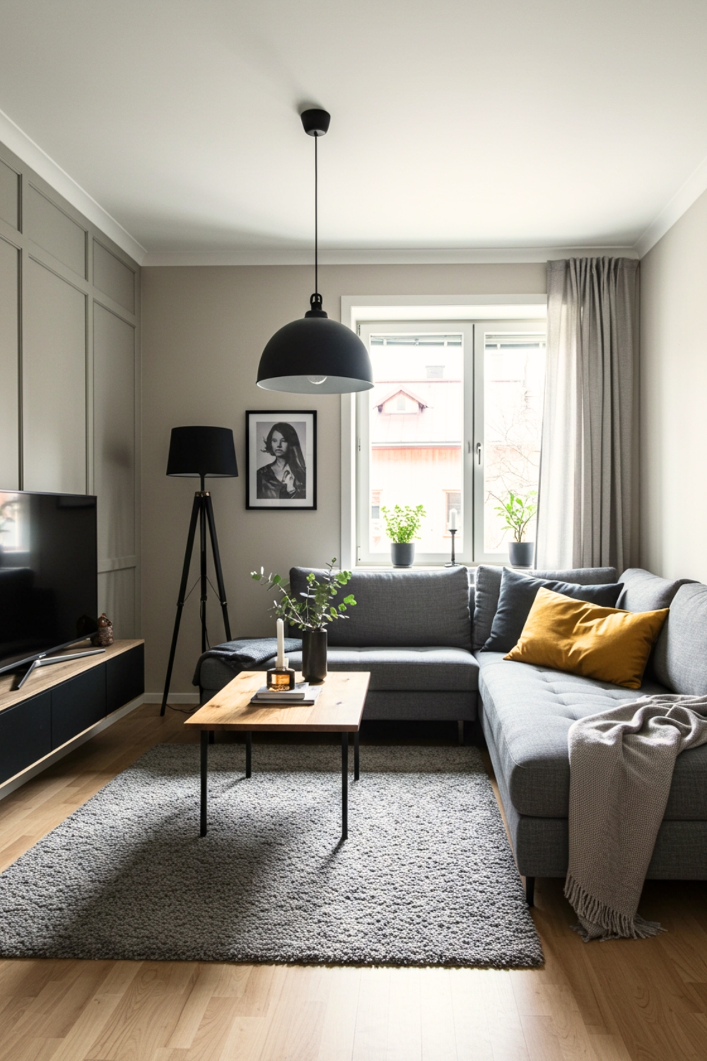 Cozy Modern Living Room With Gray Sectional Sofa And Yellow Pillow 