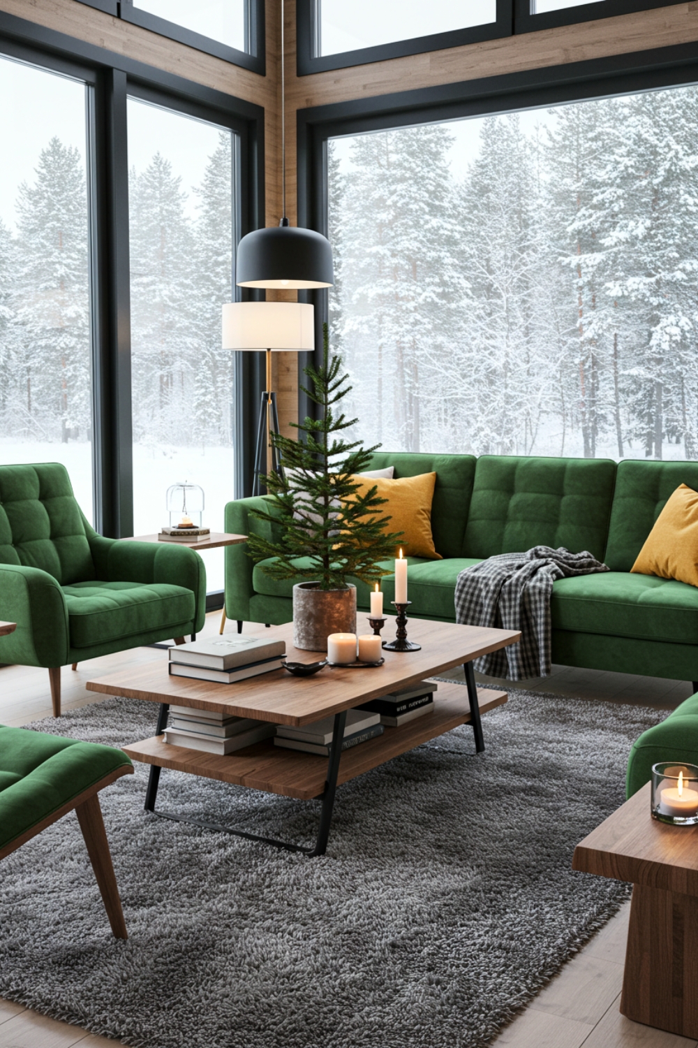 Cozy Living Room With Green Velvet Sofa And Wooden Table 