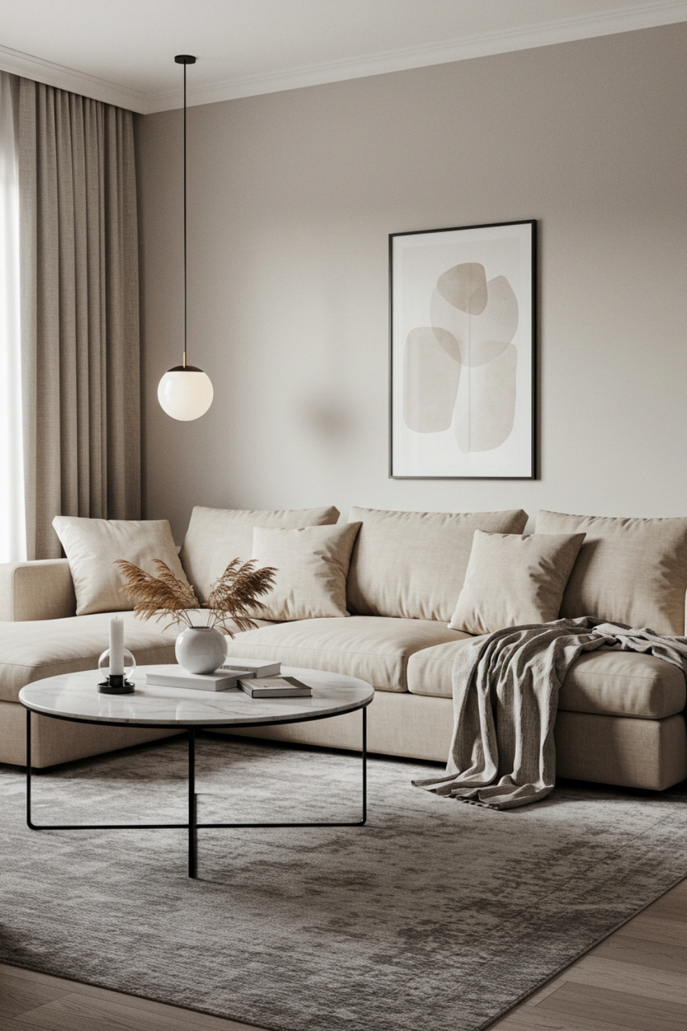 Cozy Living Room With Beige Sectional And Neutral Pillows 