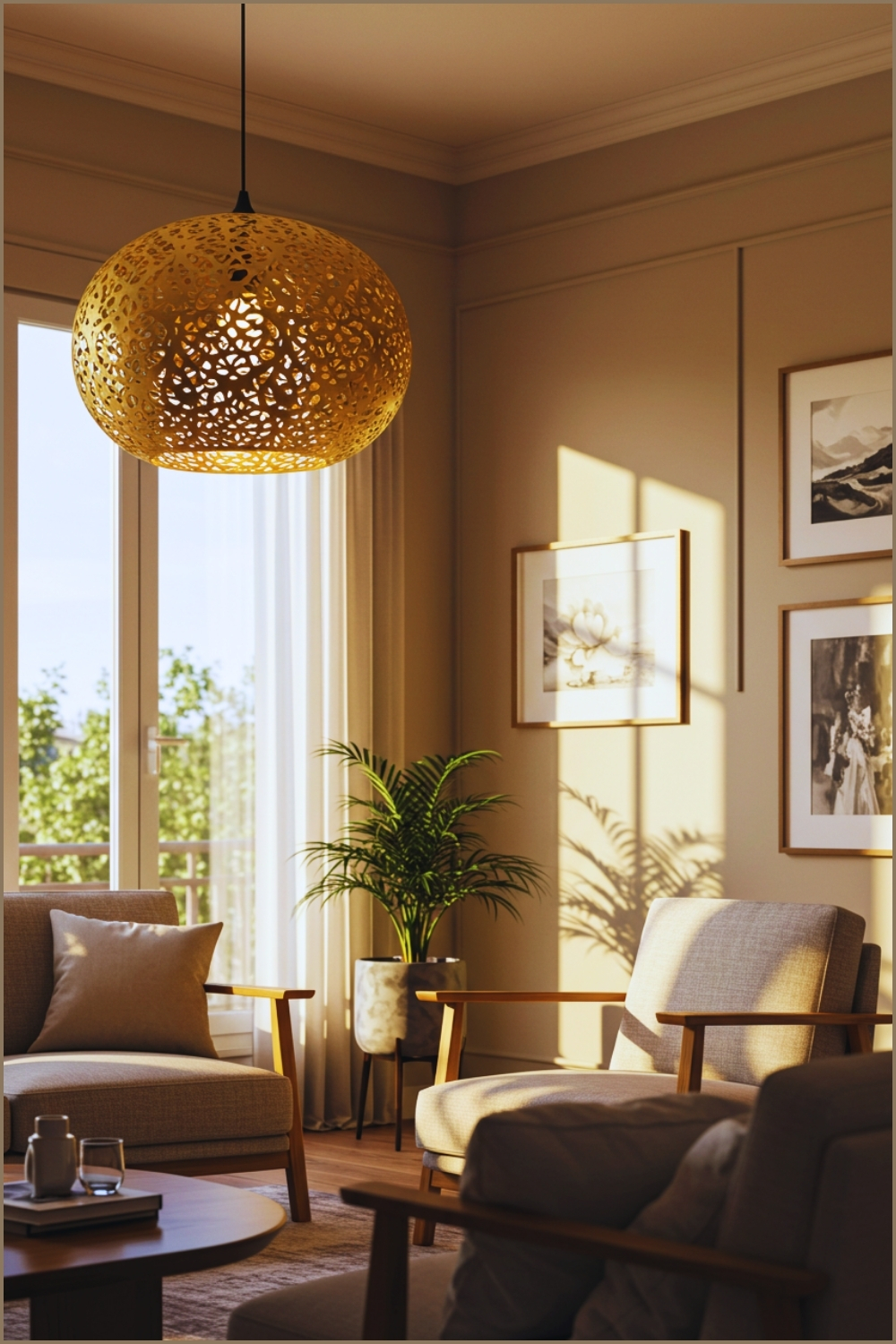 Cozy Modern Living Room With Warm Sunlight Streaming Through Large Windows