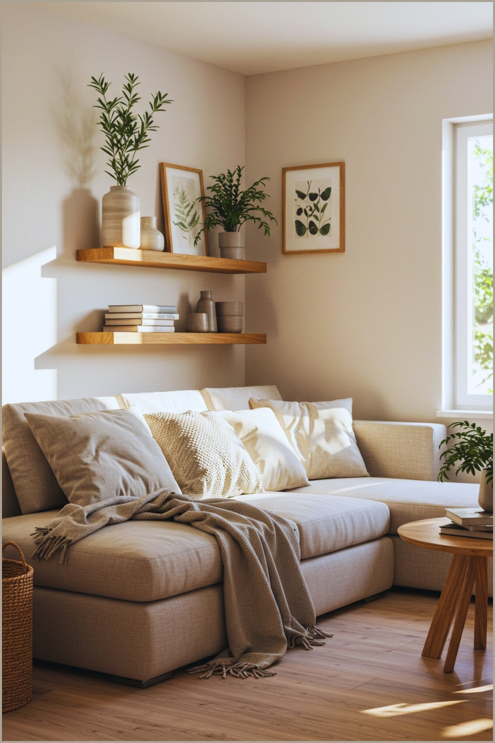 Cozy Natural Living Room With Neutral Sofa Soft Throw Blankets And Pillows