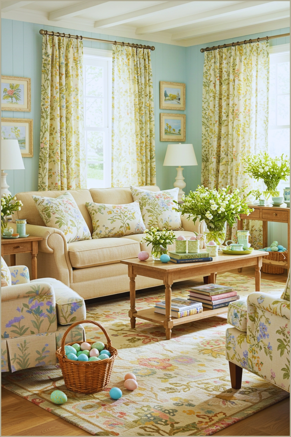 Cozy Pastel Living Room Decorated For Spring Soft Beige Sofa