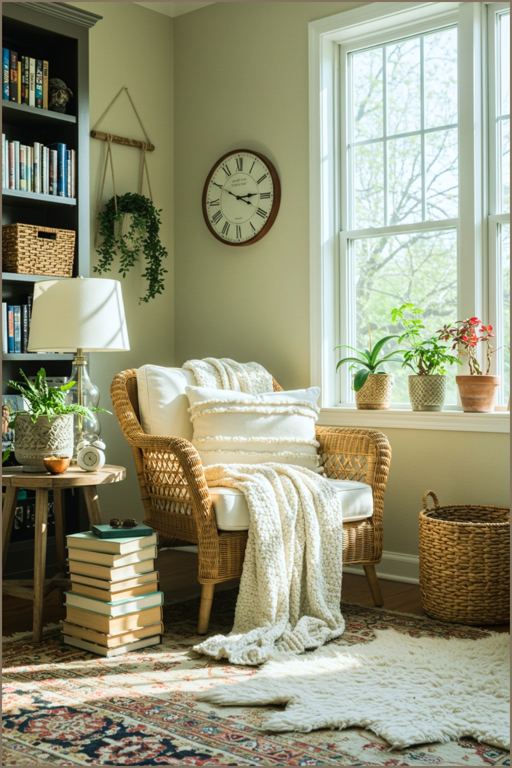 Cozy Reading Nook In Bohemian Living Room, Rattan Armchair With White Cushions