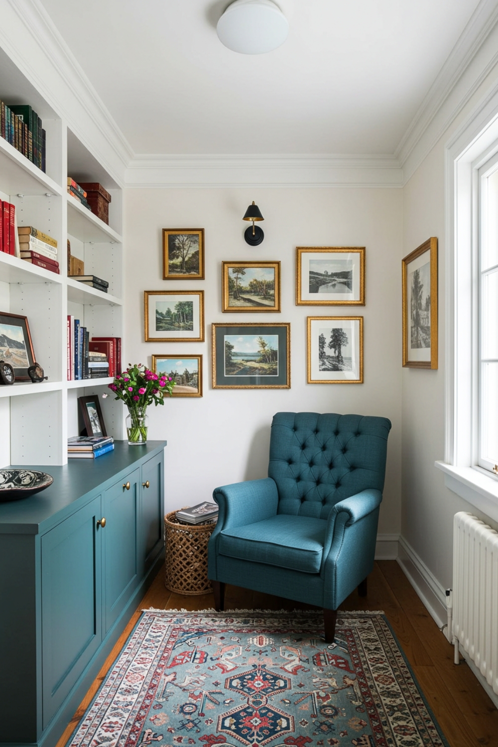 Cozy Reading Nook White Walls Built In Bookshelves 