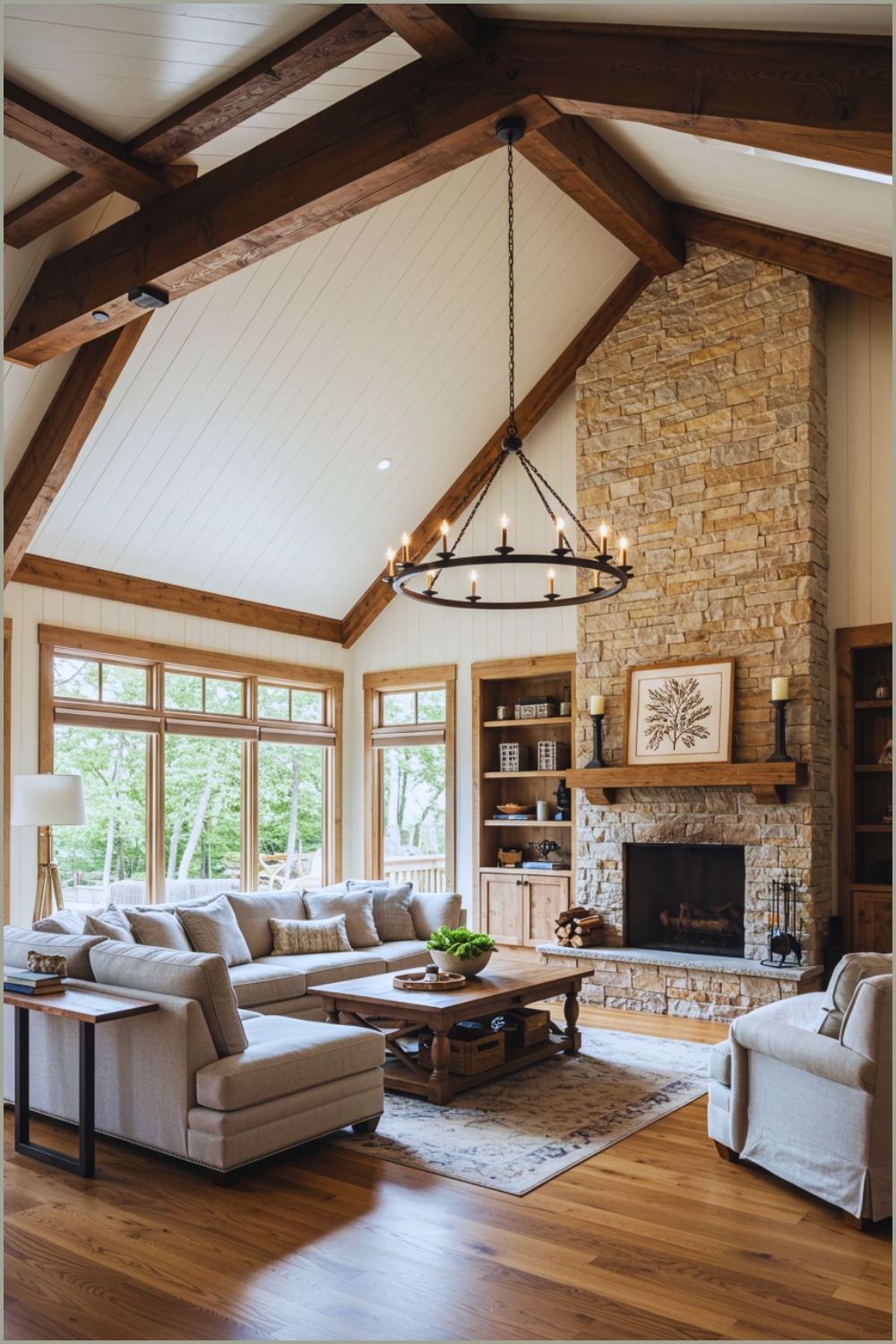 Cozy Rustic Farmhouse Living Room, Vaulted Ceilings With Exposed Wood Beams