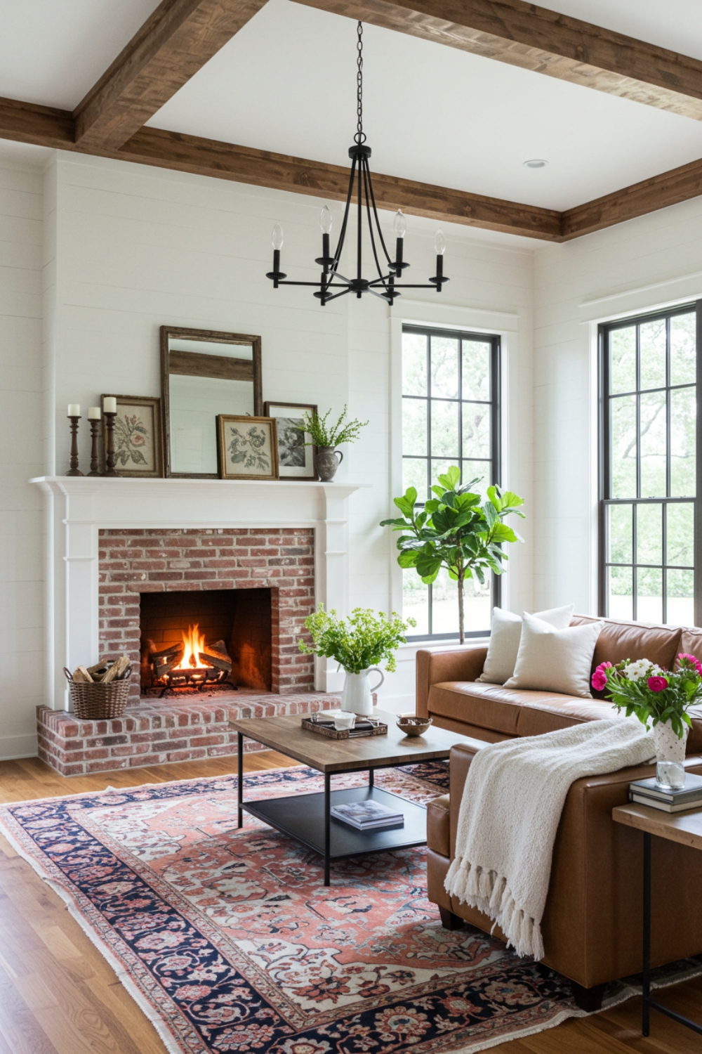 Cozy Rustic Farmhouse Living Room With Brick Fireplace 