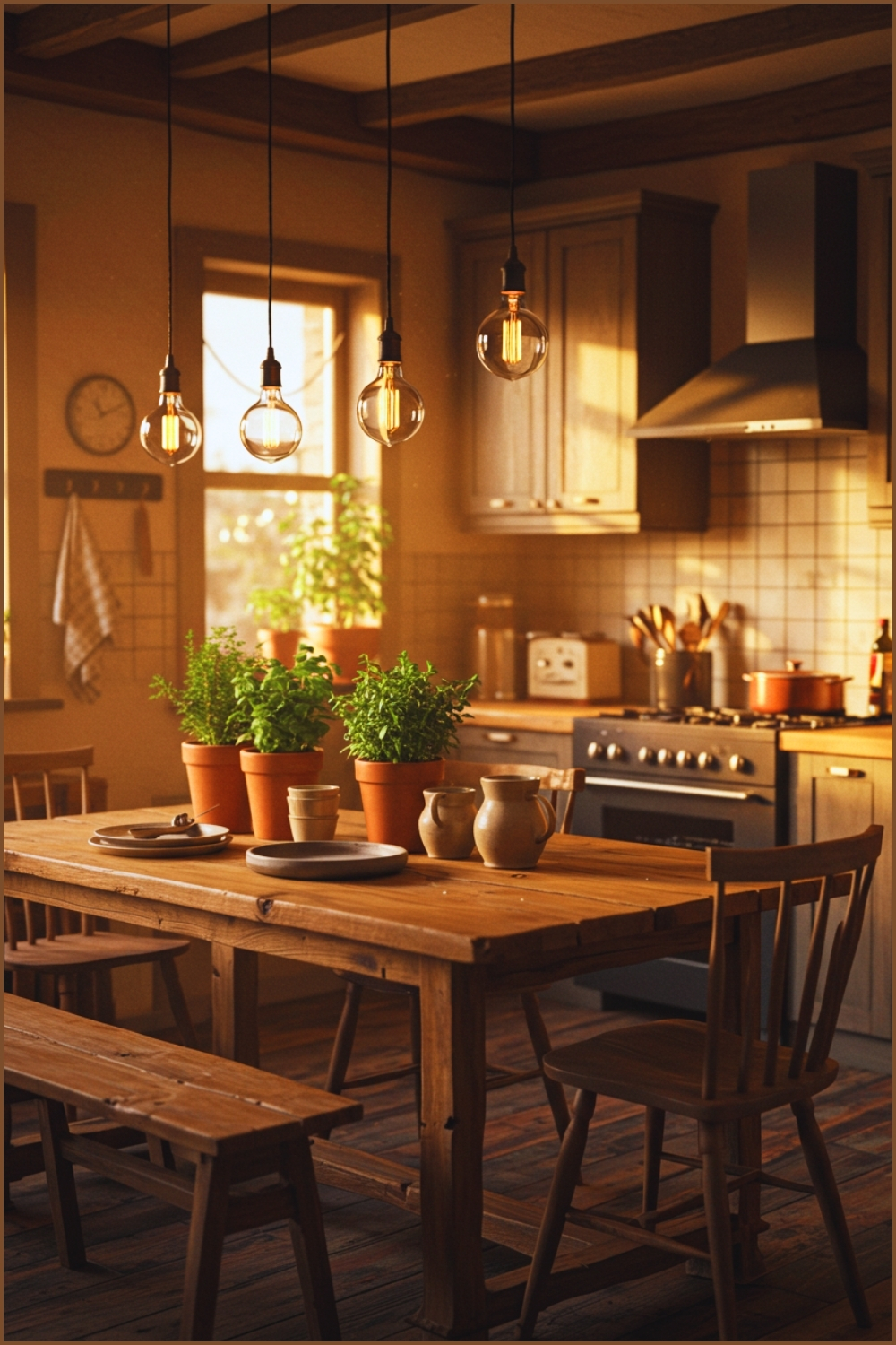 Cozy Rustic Kitchen, Glowing Edison Bulb Pendant Lights, Wooden Farmhouse Table