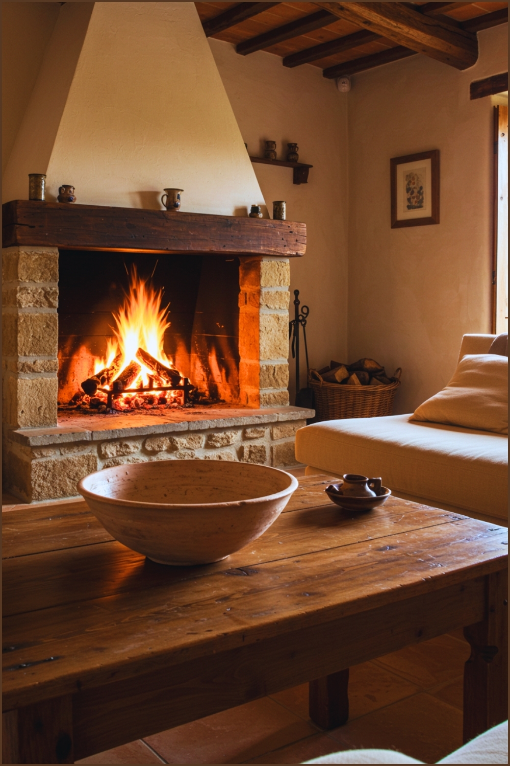 Cozy Rustic Living Room With A Stone Fireplace Warm Fire Burning