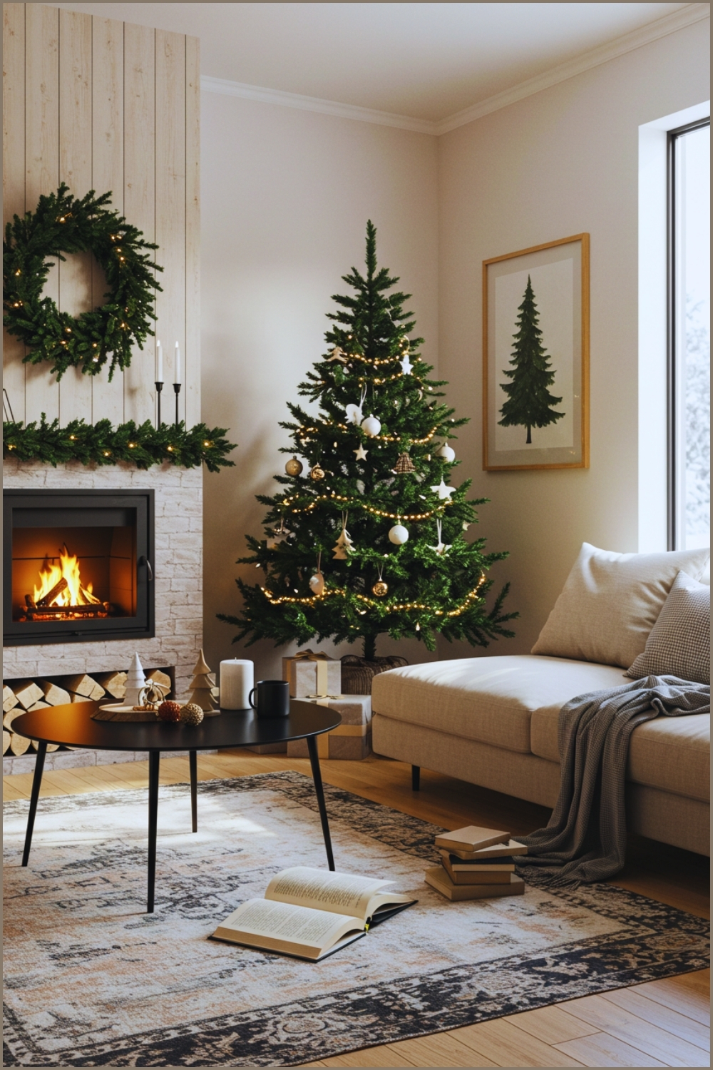 Cozy Scandinavian Christmas Living Room With Natural Wooden Fireplace