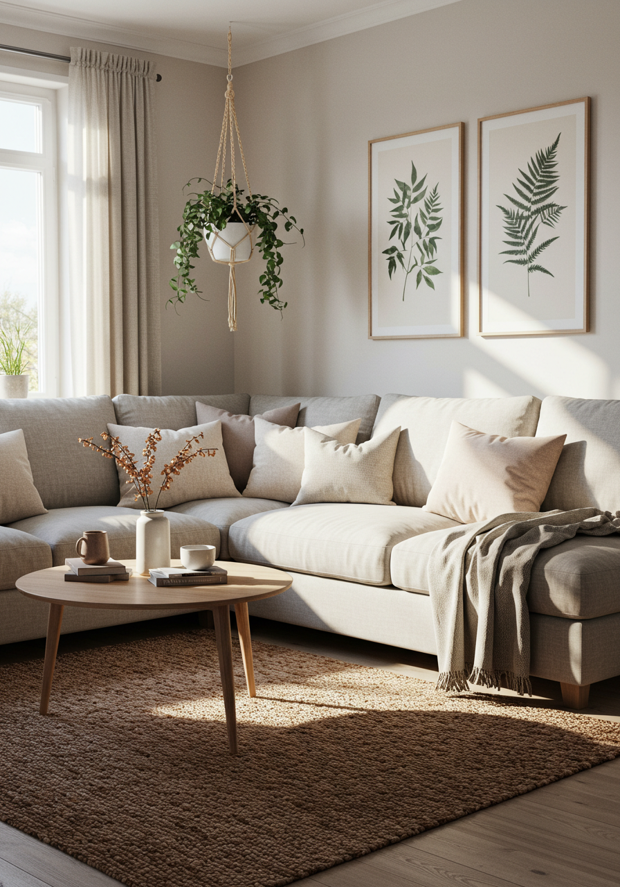Cozy Scandinavian Inspired Living Room Soft Neutral Sectional Sofa