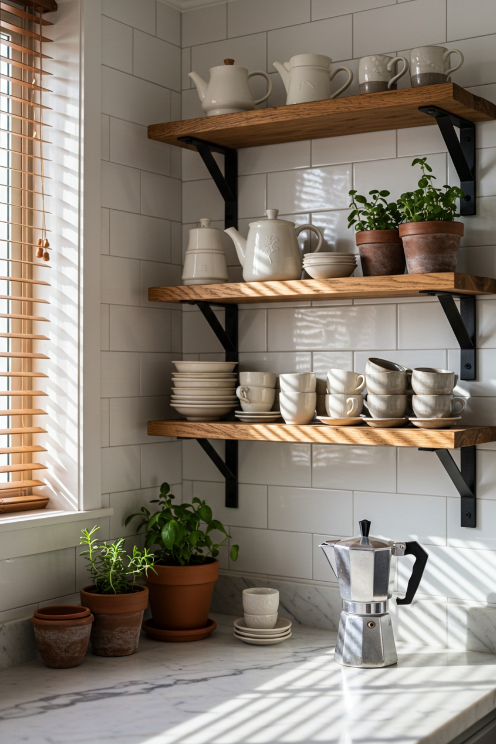 Cozy Sunlit Kitchen Corner With Three Floating Wooden Shelves