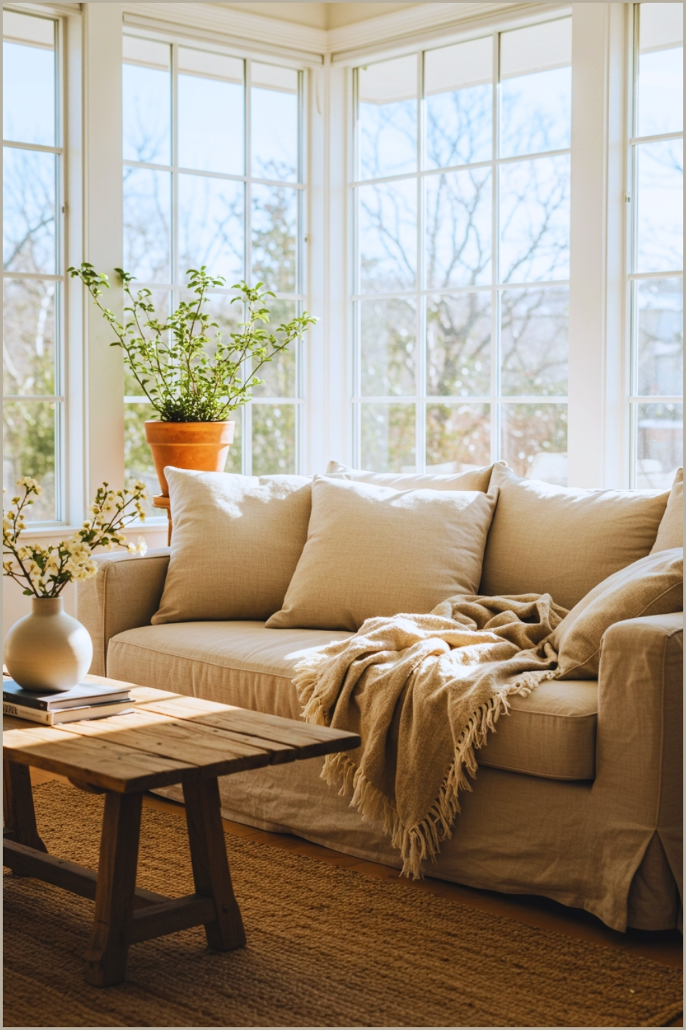 Cozy Sunlit Living Room With Soft Beige Linen Sofa Fringed