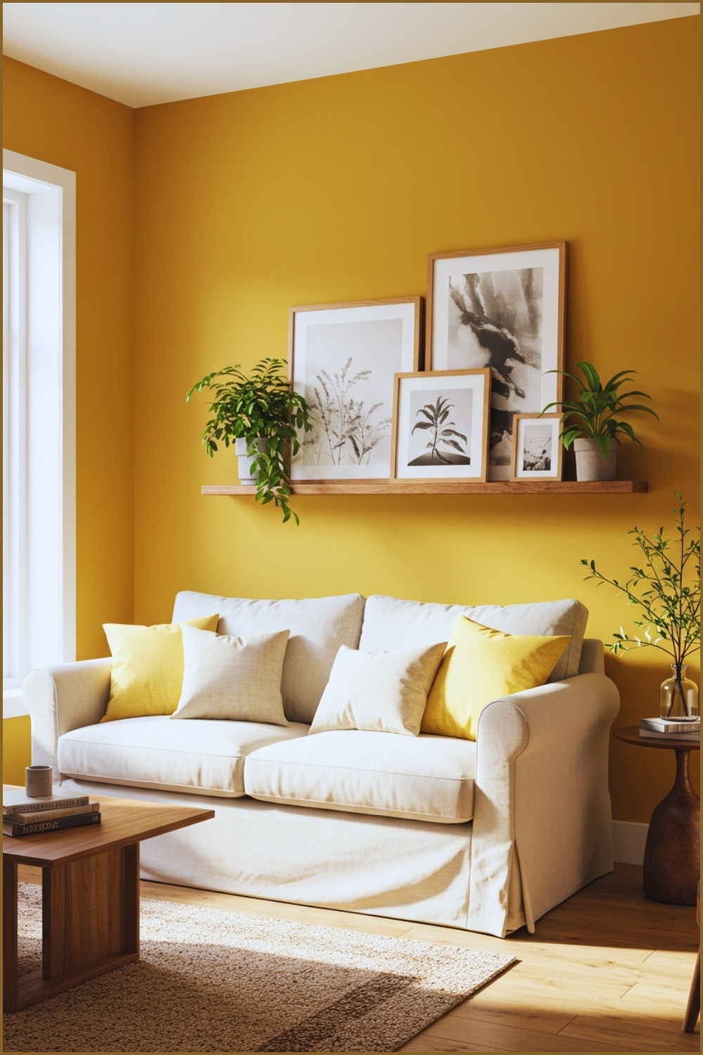Cozy Sunlit Living Room With Warm Mustard Yellow Wall Soft White