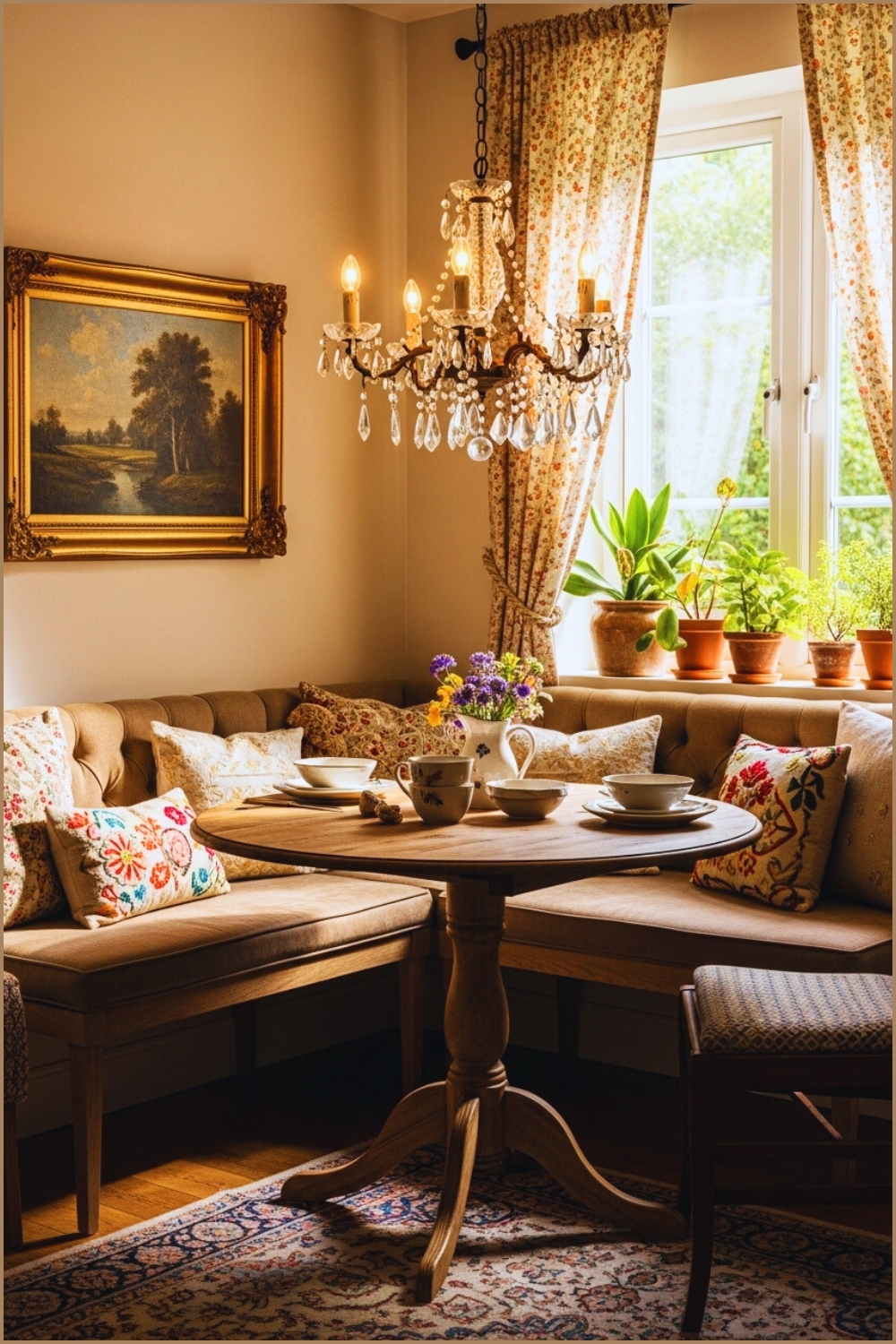 Cozy Vintage Dining Nook Corner Seating Upholstered Cushions Wooden Table