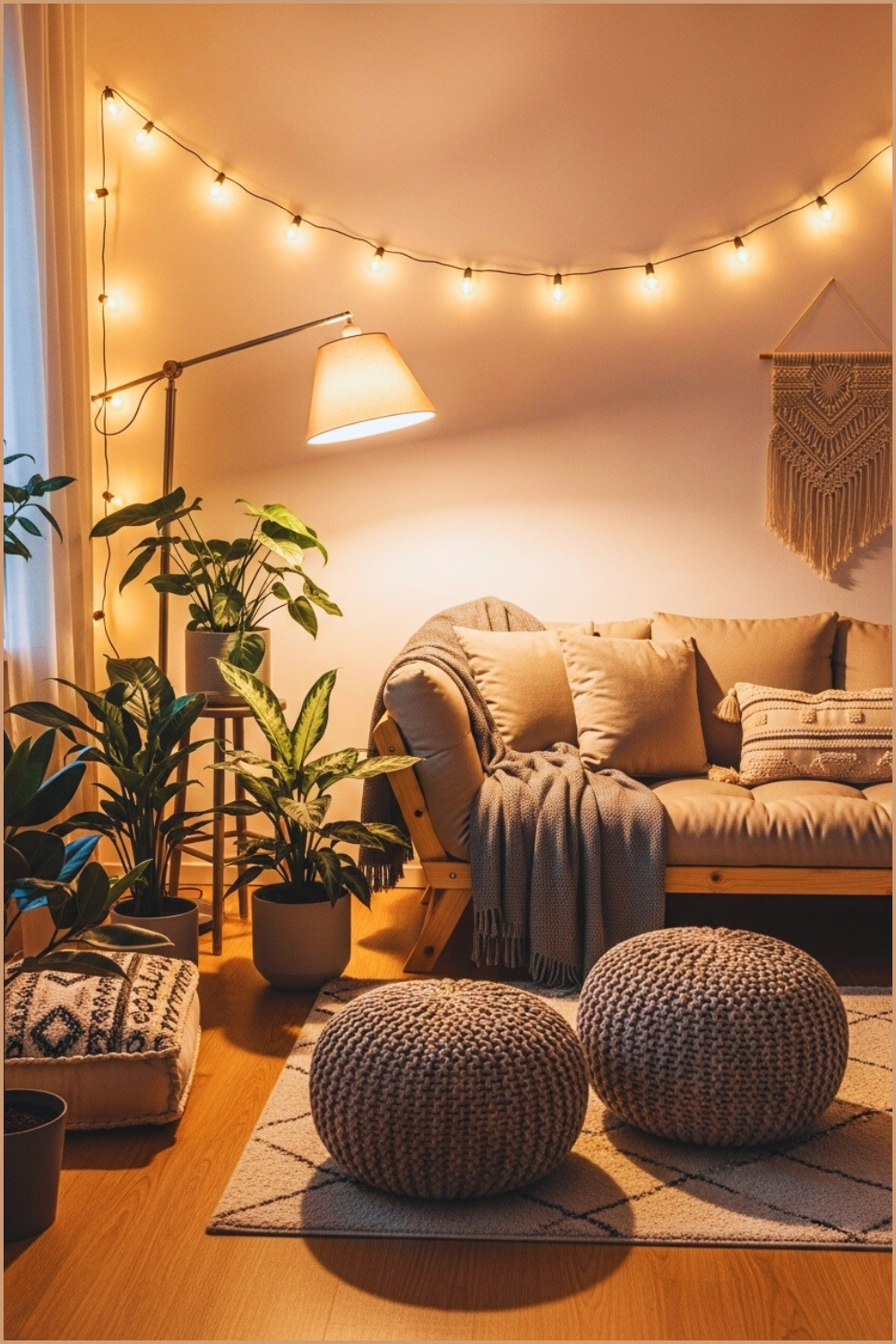 Cozy Warm Living Room Soft Ambient Lighting String Lights Wall Modern