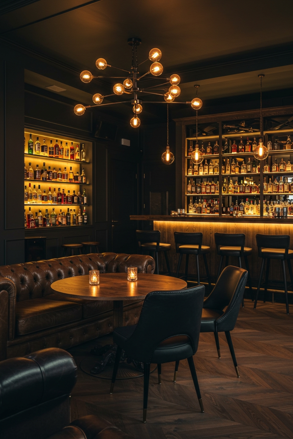 Bar Lounge With Brown Leather Chesterfield Sofa 