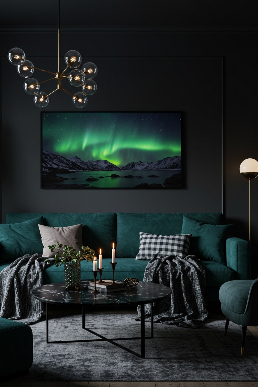 Moody Living Room With Teal Velvet Sofa And Pillows 