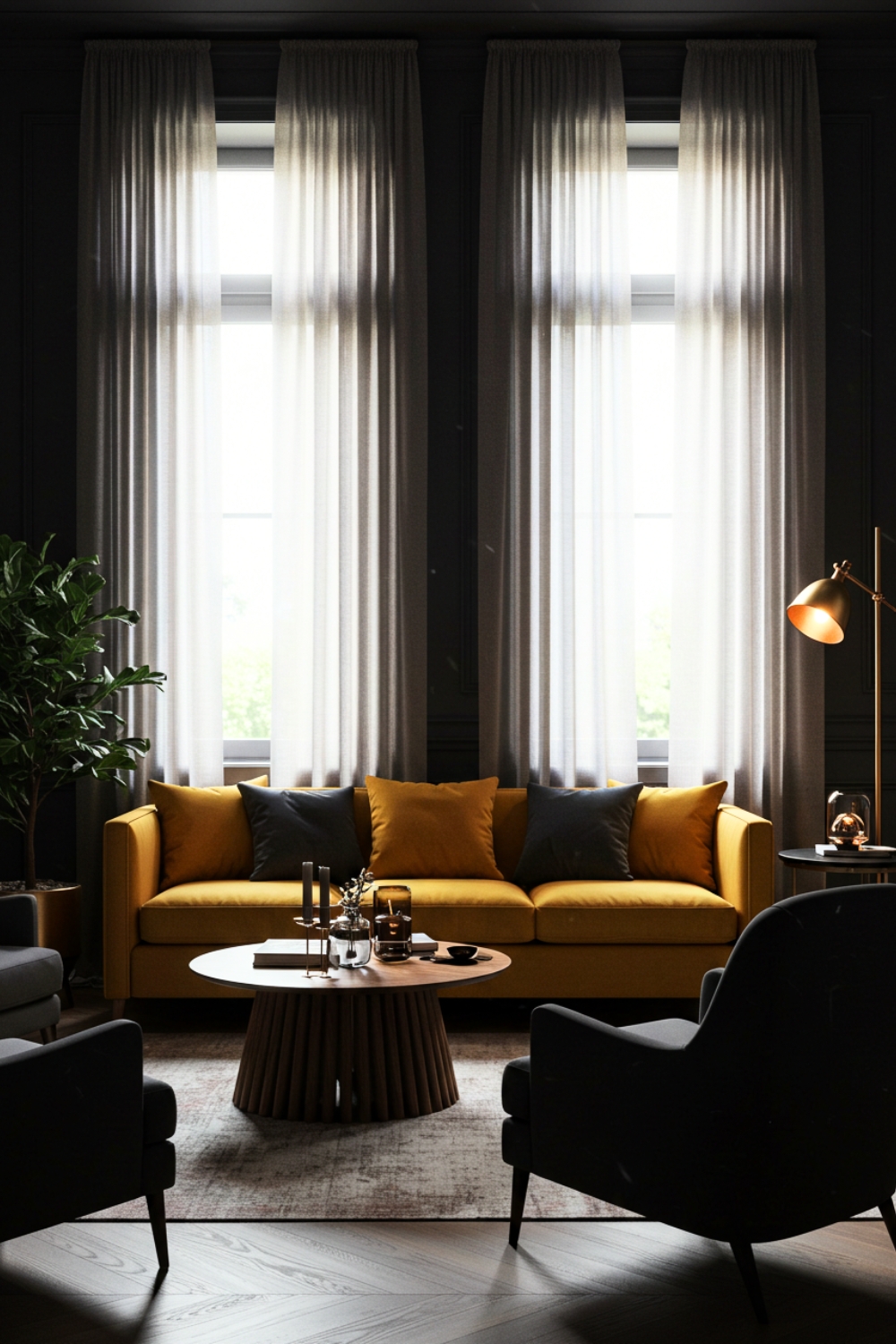 Living Room With Sheer Curtains And Mustard Velvet Sofa 