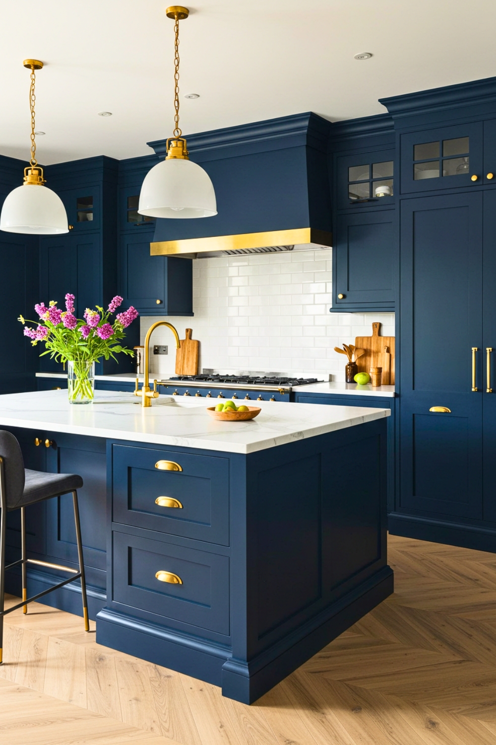 Design An Elegant Kitchen With Deep Navy Blue Cabinetry And Gold Hardware, Exuding A Luxurious Feel