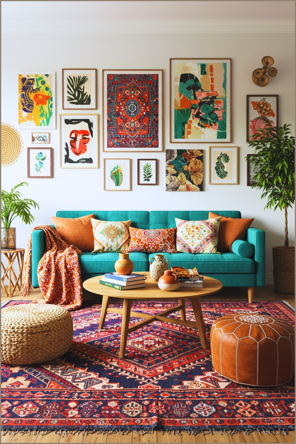 Eclectic Bohemian Living Room, Colorful Gallery Wall With Abstract And Modern Art