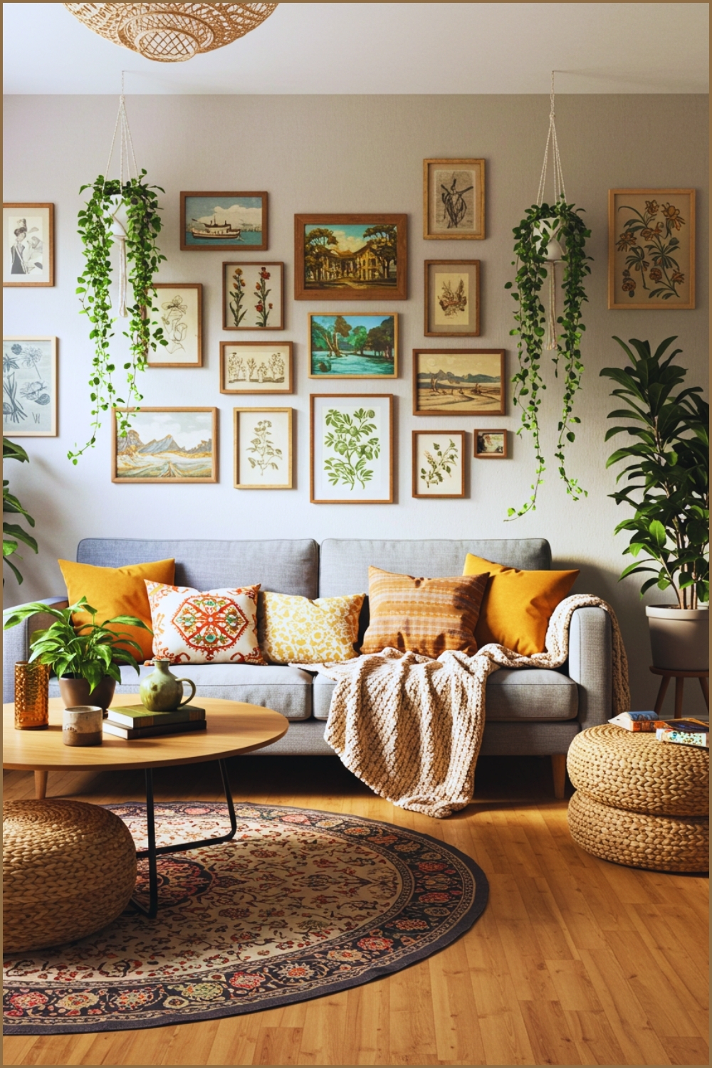 Eclectic Bohemian Living Room, Cozy Grey Sofa With Warm-toned Pillows