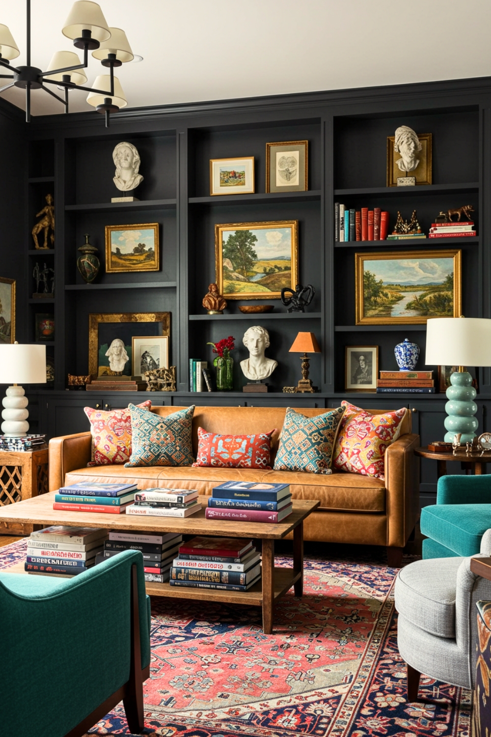 Eclectic Living Room With Dark Bookshelves And Art 