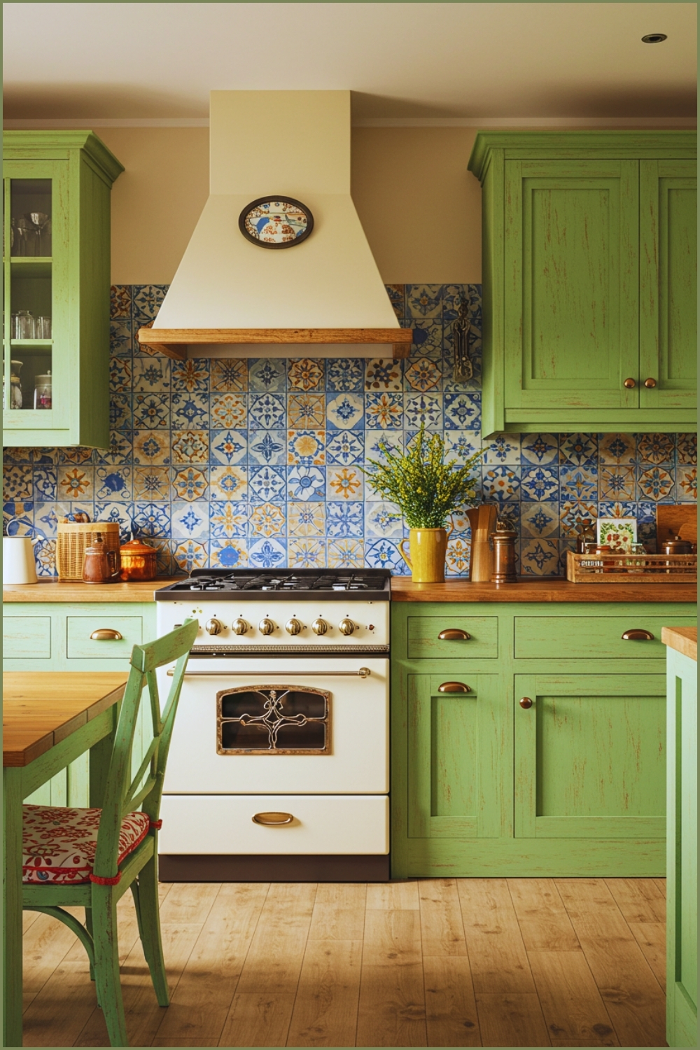 Eclectic Farmhouse Kitchen, Bold Colorful Tile Backsplash, Green Cabinets