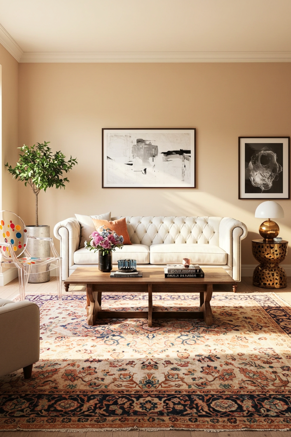 Eclectic Modern Living Room With Beige Walls And White Sofa