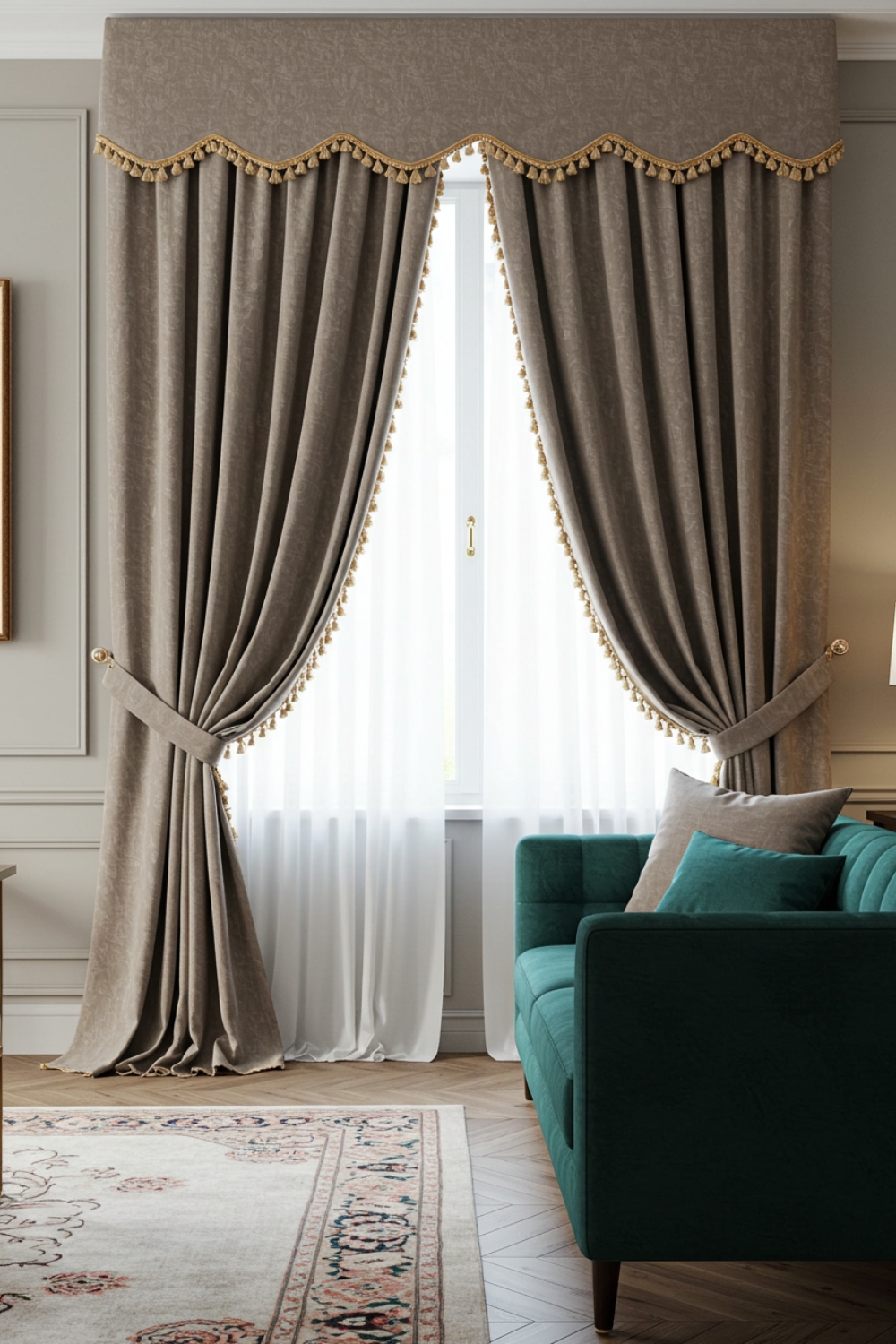 Elegant Living Room With Tall Drapes And Gold Trim 