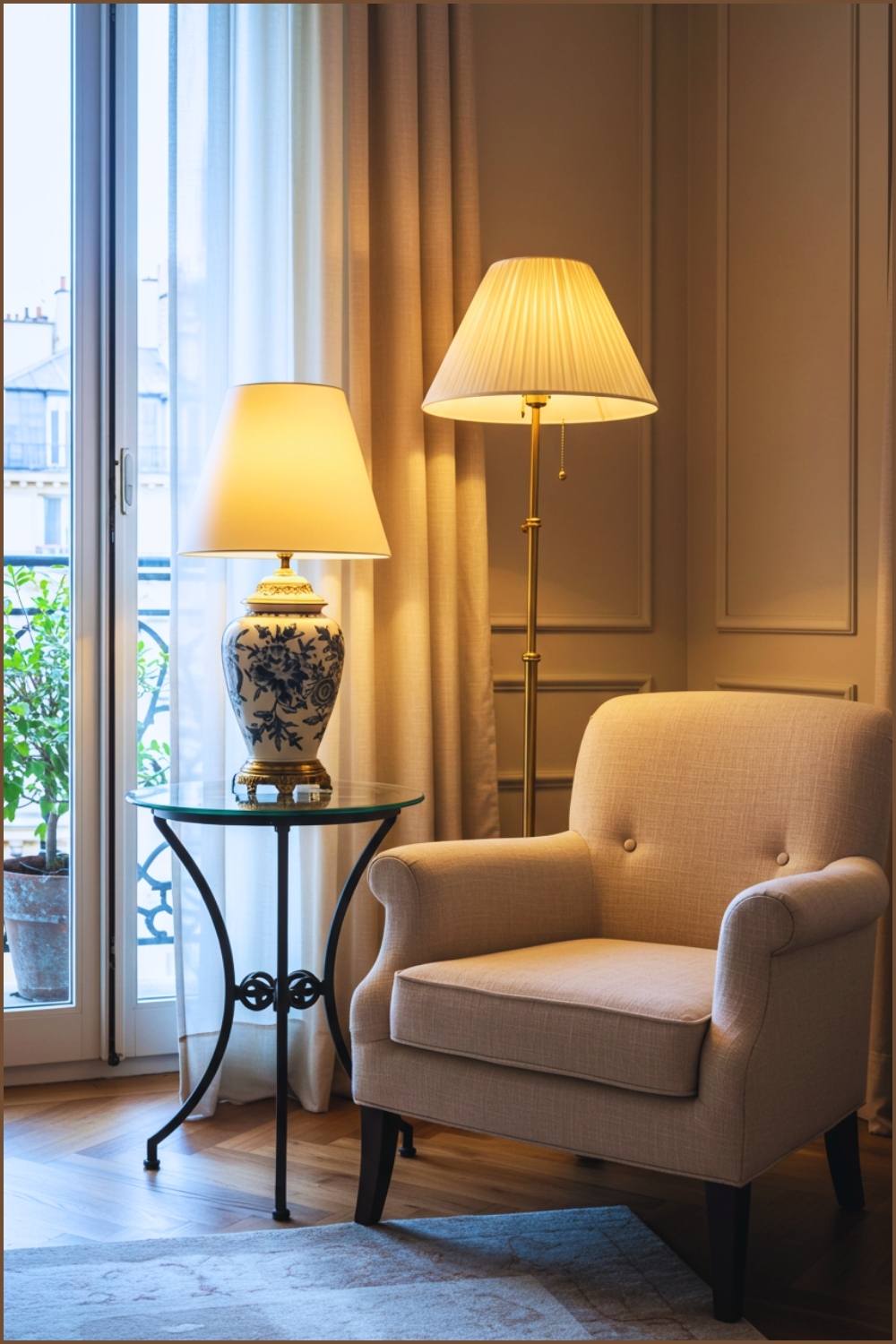 Elegant Cozy Living Room Corner With Beige Upholstered Armchair